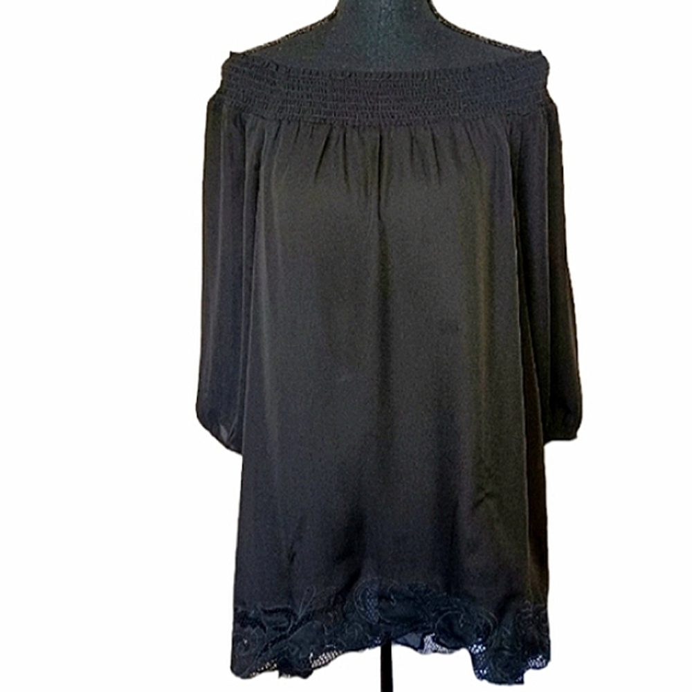 Chico's High Low Off Shoulder Lace Trim Tunic Top Women's Sz Small Black